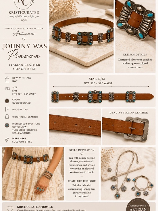 Johnny Was Piazza Italian Leather Concho Belt S/M NWT Cuoio Italy MSRP $268 main image 4